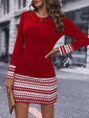 Kadın Uzun Kollu Bisiklet Yaka Kol Ağzı Ve Etek Ucu Baskılı Iki Iplik Elbise - 1