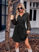 Kadın Uzun Kollu Yakadan Bağcıklı Belden Kuşaklı Ithal Krep Elbise - 3