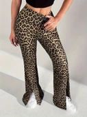 Kadın Yüksek Bel Leopar Desenli Yırtmaçlı Dalgıç Tayt - 3
