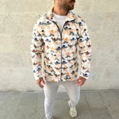 Erkek Tam Fermuarlı Desenli Polar Sweat – Siyah Multicolor Figür Desen Yakalı, Uzun Kollu, Oversize Rahat Kalıp- Beyaz - 4