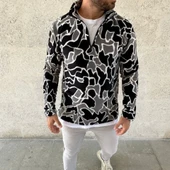 Erkek Yarım Fermuarlı Desenli Polar Sweat Yakalı, Uzun Kollu, Oversize Rahat Kalıp - Siyah - 4