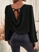 Kadın Uzun Kollu Yuvarlak Yaka Arkadan Bağcıklı Salaş Ithal Krep Bluz - 6