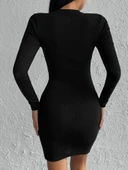 Kadın Siyah Uzun Kollu Bisiklet Yaka Yan Yırtmaç Düğme Detay Kısa Kaşkorse Elbise - 5