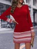 Kadın Uzun Kollu Bisiklet Yaka Kol Ağzı Ve Etek Ucu Baskılı Iki Iplik Elbise - 3