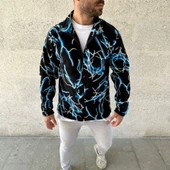 Erkek Tam Fermuarlı Desenli Polar Sweat Lightning Desen Yakalı, Uzun Kollu, Oversize Rahat Kalıp - Siyah - 3