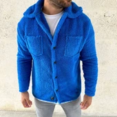 Erkek Pelüş Polar Hırka Gömlek – Yakalı, İlik Düğmeli, Göğüs Cepli, Yumuşak Dokulu Kışlık Regular Fit Rahat Günlük Model - Saks Mavisi - 3