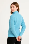 KADIN Yarım Fermuarlı Triko Kazak – Selanik Örgü, Dik Yaka, Pamuklu Dokuma, Oversize Uzun Kollu Kışlık Model - Bebe Mavisi - 2