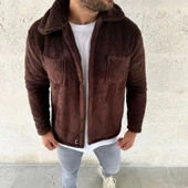 Erkek Pelüş Polar Hırka Gömlek – Yakalı, İlik Düğmeli, Göğüs Cepli, Yumuşak Dokulu Kışlık Regular Fit Rahat Günlük Model - Kahverengi - 2