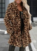 Kadın Uzun Kollu Yakalı Cepli Kısa Peluş Leopar Kaban - 1