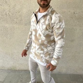 Erkek Yarım Fermuarlı Desenli Polar Sweat Yakalı, Uzun Kollu, Oversize Rahat Kalıp - Bej - 2