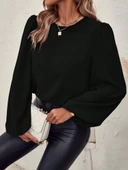 Kadın Uzun Kollu Yuvarlak Yaka Arkadan Bağcıklı Salaş Ithal Krep Bluz - 1