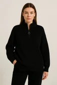 KADIN Yarım Fermuarlı Triko Kazak – Selanik Örgü, Dik Yaka, Pamuklu Dokuma, Oversize Uzun Kollu Kışlık Model - Siyah - 1