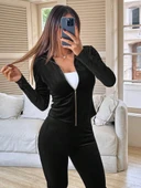 Kadın Uzun Kollu önden Fermuarlı Kadife Bluz Ve Pantolon Ikili Takım - 1