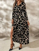 Kadın Uzun Kollu Yakalı önü Düğmeli Desenli Belden Kuşaklı Uzun Süprem Elbise - 1