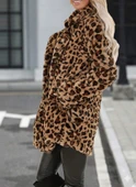 Kadın Uzun Kollu Yakalı Cepli Kısa Peluş Leopar Kaban - 2