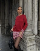 Kadın Uzun Kollu Bisiklet Yaka Kol Ağzı Ve Etek Ucu Baskılı Iki Iplik Elbise - 8