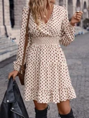 Kadın Uzun Kollu Kruvaze Yaka Desenli Mini Modal Elbise - 1