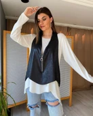 Kadın Uzun Kol Asimetrik Kesim Viskon Bluz Ve çatlak Deri Görünümlü Fermuar Detaylı Yelek Ikili Takım thumbnail 7