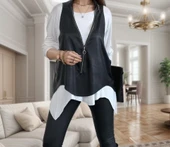 Kadın Uzun Kol Asimetrik Kesim Viskon Bluz Ve çatlak Deri Görünümlü Fermuar Detaylı Yelek Ikili Takım thumbnail 6