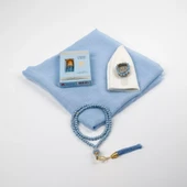 Eşarp + Takke + Esans + Tesbih + Zikirmatik Hediye Seti (Asetat Kutulu, Mavi) - 2