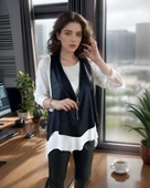 Kadın Uzun Kol Asimetrik Kesim Viskon Bluz Ve çatlak Deri Görünümlü Fermuar Detaylı Yelek Ikili Takım thumbnail 4