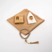Eşarp + Takke + Esans + Tesbih + Zikirmatik Hediye Seti (Asetat Kutulu, Gold) - 2