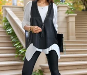 Kadın Uzun Kol Asimetrik Kesim Viskon Bluz Ve çatlak Deri Görünümlü Fermuar Detaylı Yelek Ikili Takım thumbnail 5