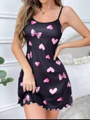 kadın siyah kalp desenli gecelik - 2