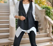 Kadın Uzun Kol Asimetrik Kesim Viskon Bluz Ve çatlak Deri Görünümlü Fermuar Detaylı Yelek Ikili Takım thumbnail 2