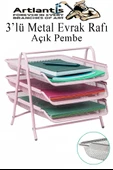 Evrak Rafı Metal 3 lü Pembe 1 Paket Masaüstü A4 Dosya Düzenleyici Kağıt Tepsisi Metal Çelik Fileli Dört Katlı Hareketli - 1