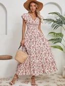 Kadın Kısa Kollu Kruvaze Yaka Beli Lastikli çiçek Desenli Elbise thumbnail 3