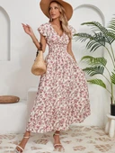 Kadın Kısa Kollu Kruvaze Yaka Beli Lastikli çiçek Desenli Elbise thumbnail 4