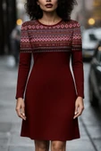 MDB Kadın Uzun Kollu Bisiklet Yaka Etnik Desenli Kısa şardonlu Dalgıç Elbise thumbnail 3