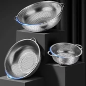 Paslanmaz Çelik Kulplu Çok Amaçlı Makarna Un Meyve Sebze 3'lü Süzgeç 25 22 19 Cm thumbnail 1