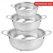 Paslanmaz Çelik Kulplu Çok Amaçlı Makarna Un Meyve Sebze 3'lü Süzgeç 25 22 19 Cm thumbnail 2