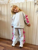 Cg Kids Gri Pembe Fiyonk Detaylı Kız Çocuk 3 iplik Alt Üst Takım Süper Kalite Kumaş (Geniş Kalıptır.) - 1