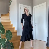 Krep Kumaş Midi Boy Kuşaklı Uzunkol Elbise 113 Cm thumbnail 2