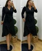 Krep Kumaş Midi Boy Kuşaklı Uzunkol Elbise 113 Cm thumbnail 6