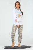 Ayıcık Desenli Uzun Kollu Kadın Pijama Takımı Gri  - Ekru thumbnail 1