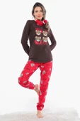 Ayıcık Desenli Uzun Kollu Kadın Pijama Takımı Kırmızı - Kahverengi S BEDEN thumbnail 1
