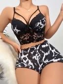 Kadın Siyah Leopar desenli Dantel detaylı Şortlu Gecelik Pijama Takımı 5055 thumbnail 1