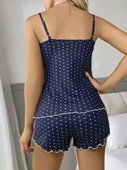 Kadın Lacivert Dantel Detaylı Beyaz Noktalı Şortlu Gecelik Pijama Takımı 5049 thumbnail 2