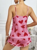 Kadın Pembe Kalp Baskılı Şortlu Gecelik Pijama Takımı 5050 thumbnail 2