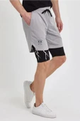 Unisex Baskılı İç Cepli Sporcu Alt Taytlı Şort - Gri thumbnail 1