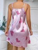 Kadın Pembe Saten Askılı fuşya kalp Desen baskılı Gecelik 2217 thumbnail 3