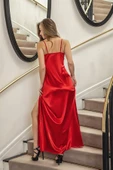 DANTELLİ UZUN YIRTMAÇLI SATEN GECELİK ELBİSE STRİNG TAKIM KIRMIZI (MGP31512) thumbnail 4