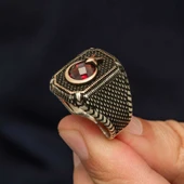 Gümüş Kırmızı Taşlı Ay Yıldız Erkek Yüzük SL12272 thumbnail 1