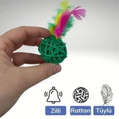 OLLEVRA 2li Rattan Renkli Peluş Tüy Kedi Köpek Oyuncak Yakalama Çiğneme Çıngıraklı Top Oyuncağı thumbnail 2