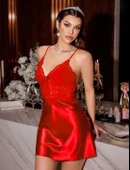 Litae Kırmızı Dantel İşlemeli İnce Askılı Sırt Dekolteli Saten Mini Gecelik thumbnail 1