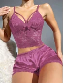 Litae Dantelli Büstiyer İnce Askılı Lila Saten Şortlu Takım thumbnail 1